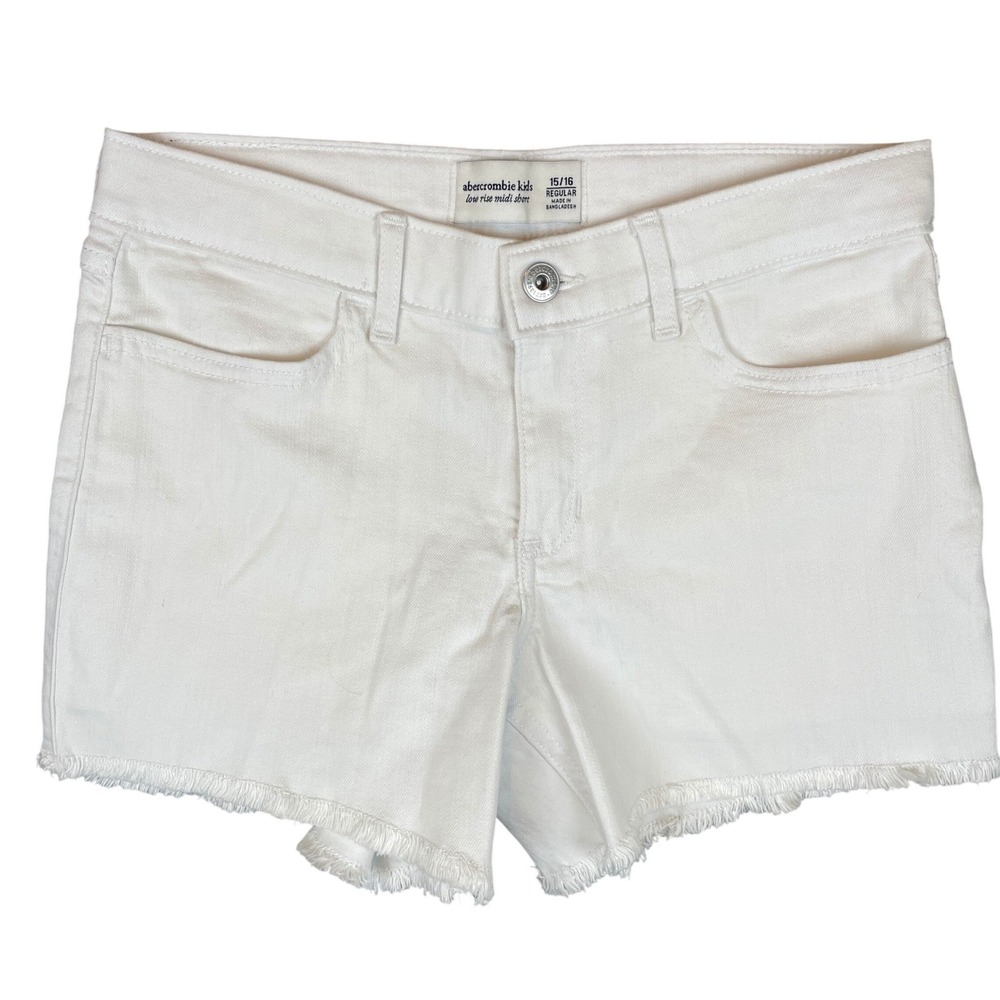 Abercrombie Kids White Denim Low Rise Midi Shorts Frayed Hem Size 15/16 Waist 27